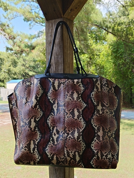 Furla Handbags - Furla 3 Compartment Snake-Print Tote Bag in Brown and Black